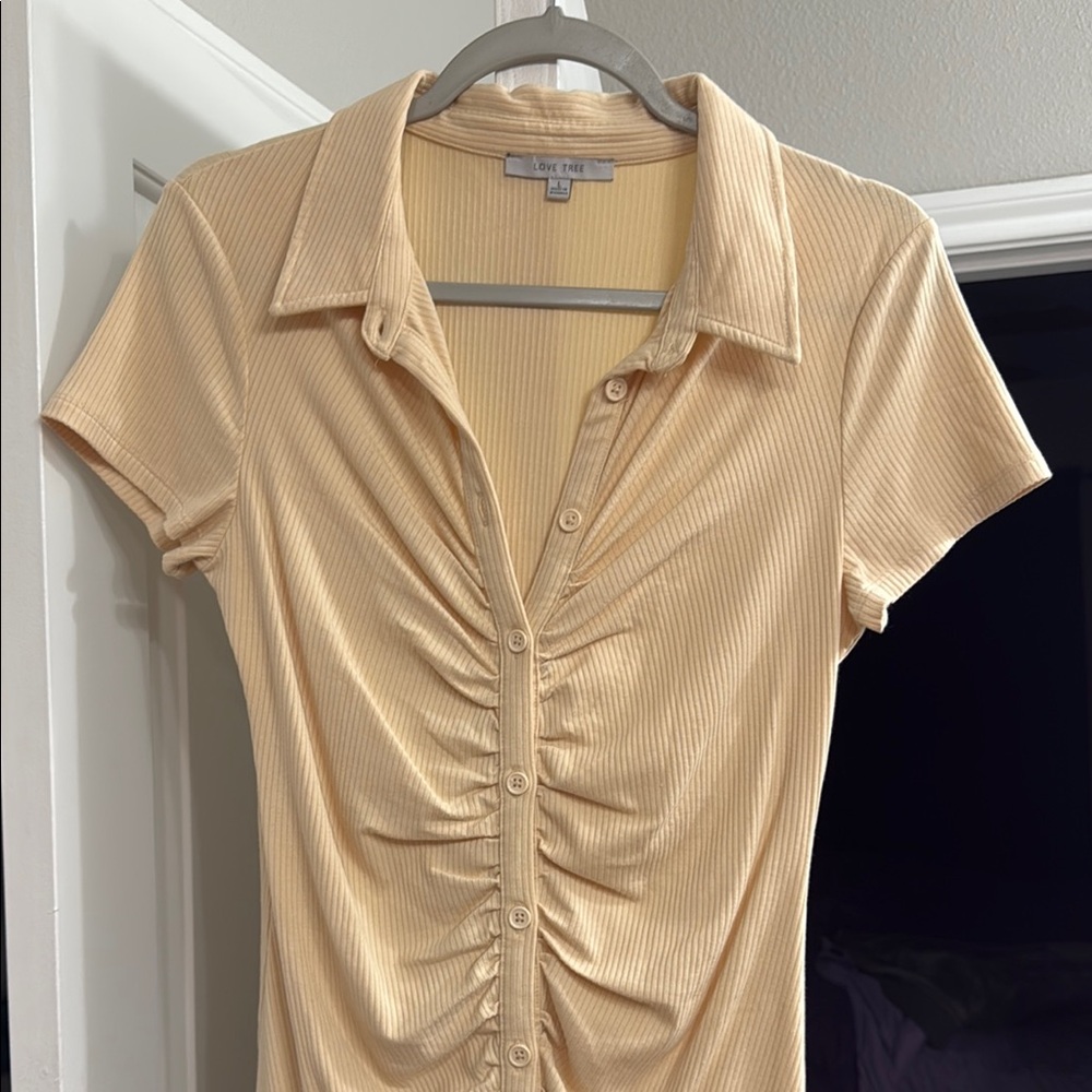 Cream Ruched Button-Down Dress - Picture 2 of 6